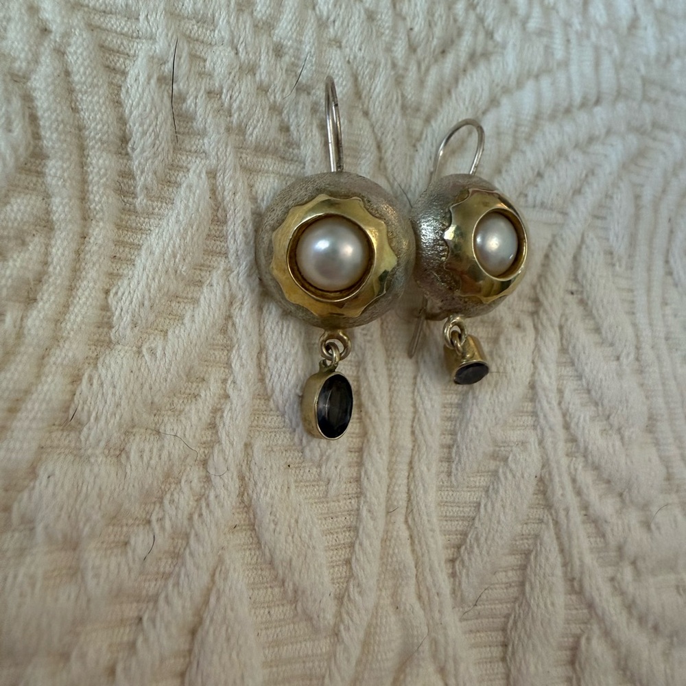 Gold and Silver Pearl Drop Earrings - Picture 2 of 6